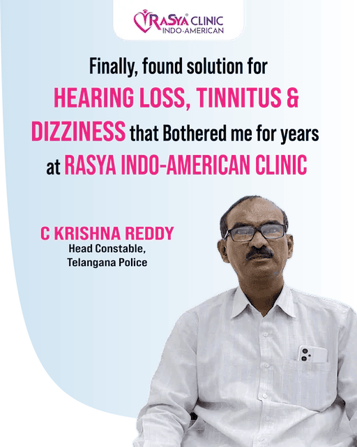 An cover image of Mr. C. Krishna Reddy testifying that he finally found the solution for his suffering from vertigo, hearing loss and tinnitus at Rasya Clinic