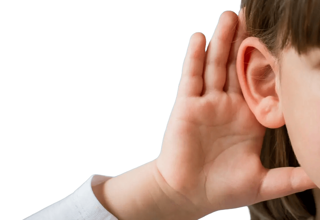 A kid holding her hand near her ear to hear better. Get hearing tested at RASYA Clinic