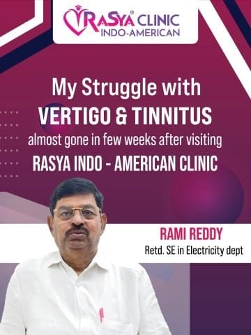 A cover photo of Mr. Rami Reddy testifying that he experienced significant improvement from his suffering from vertigo and tinnitus at Rasya Clinic